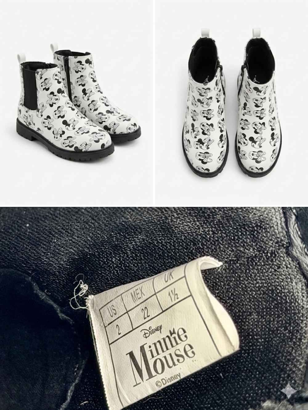 Kids size 2 Disney Black & White Minnie Mouse Chelsea Boots
